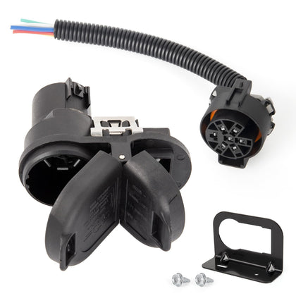 Deolenoom front connector bracket showing dual 7‑blade and 4‑flat ports for versatile towing