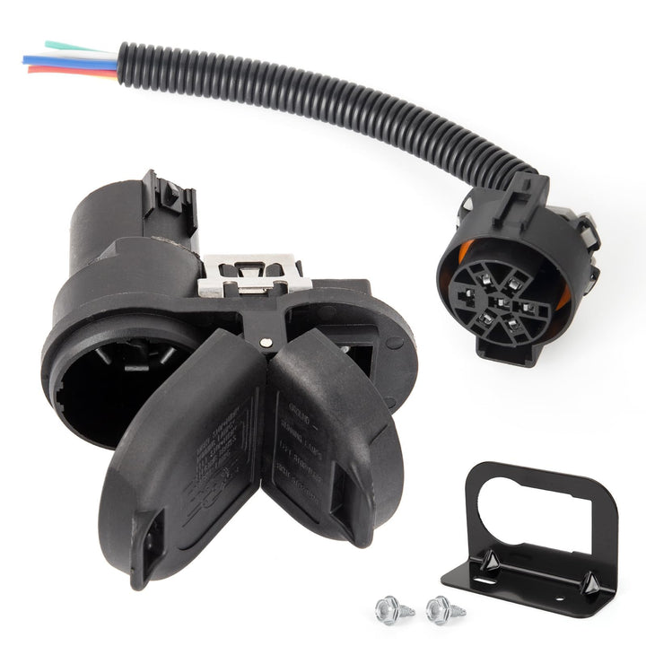 Deolenoom front connector bracket showing dual 7‑blade and 4‑flat ports for versatile towing