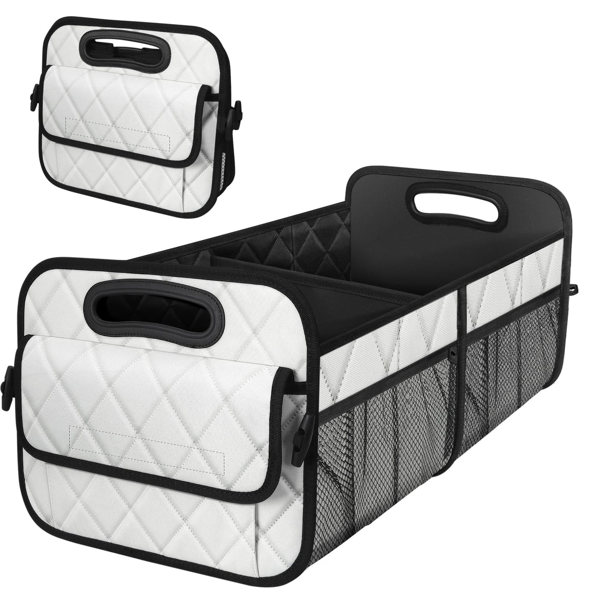 Deosk beige trunk organizer front view showing shape and capacity benefit