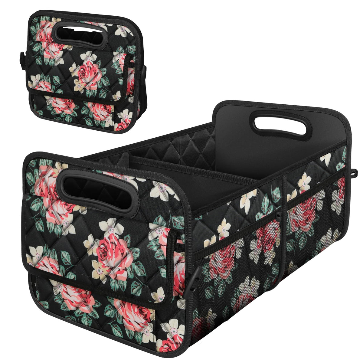 Deosk front view floral trunk organizer showing roomy interior and tidy storage