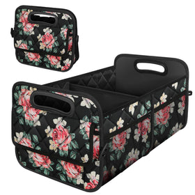 Deosk front view floral trunk organizer showing roomy interior and tidy storage
