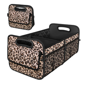 Deosk front view showing leopard print and box shape for stylish trunk organization