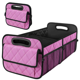 Deosk front view of pink trunk organizer showing capacity and neat storage benefits