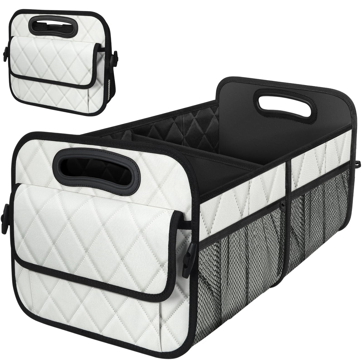 Deosk trunk organizer front view showing beige exterior and large capacity benefit