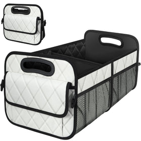 Deosk trunk organizer front view showing beige exterior and large capacity benefit