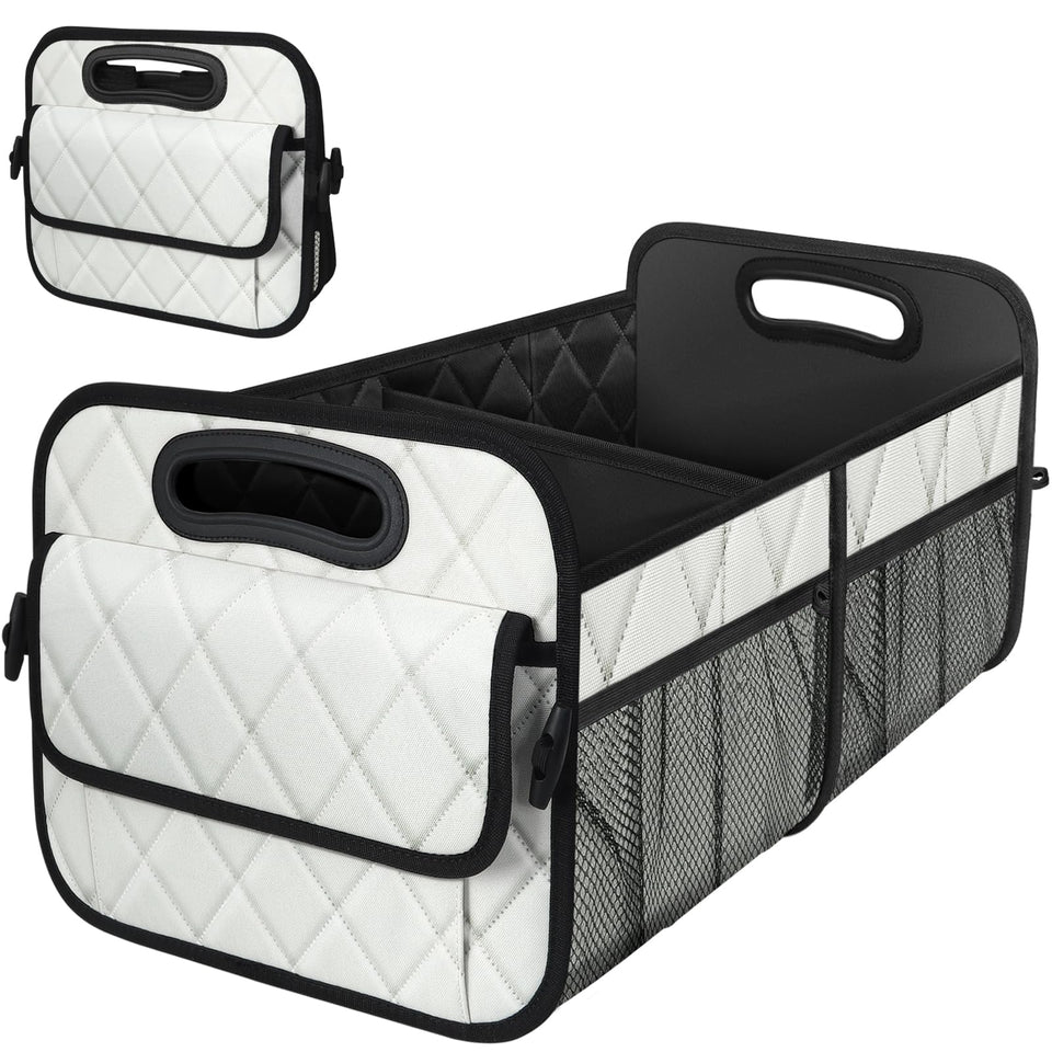 Deosk trunk organizer front view showing beige exterior and large capacity benefit