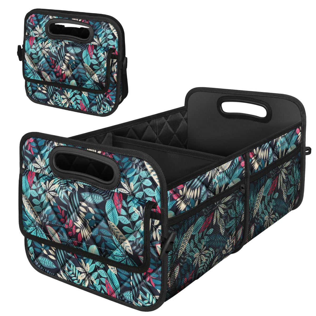 Deosk trunk organizer front view showing pockets and durable build for tidy storage