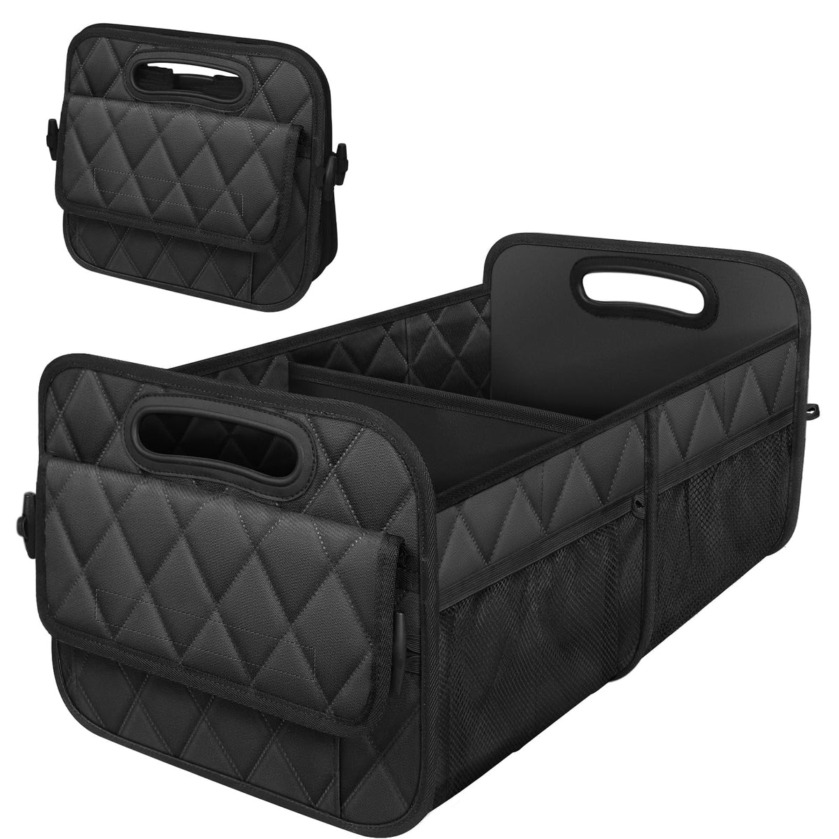 Deosk front view of trunk organizer showing roomy interior and neat storage benefit