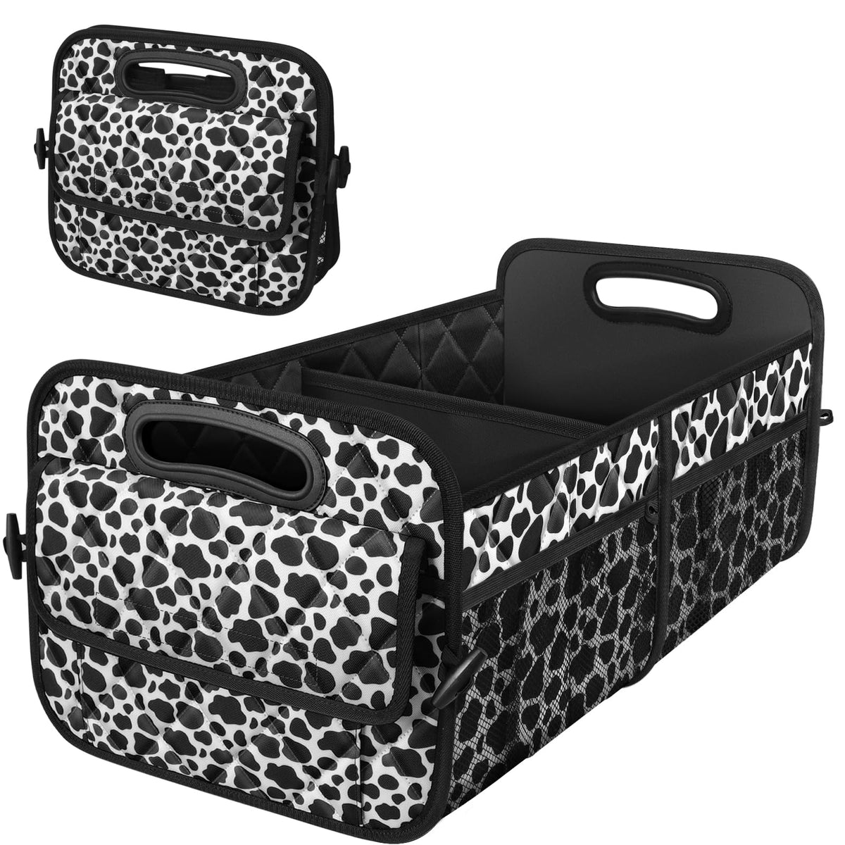 Deosk front view cow print organizer shows tidy trunk storage benefit