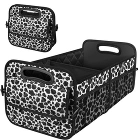 Deosk front view cow print organizer shows tidy trunk storage benefit