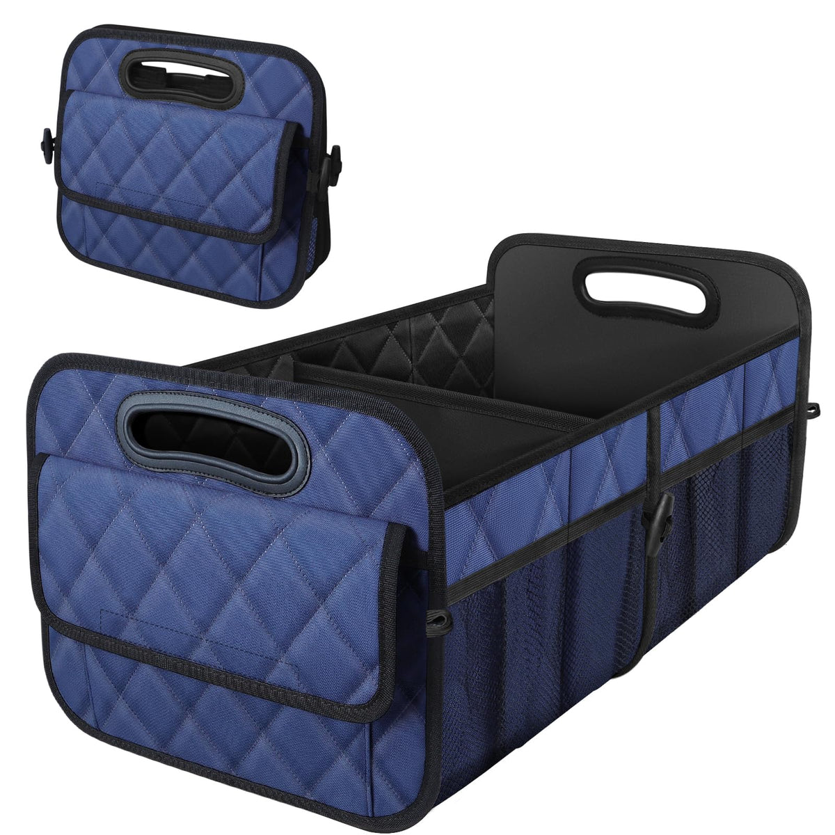 Deosk front view showing dark blue organizer and neat storage benefit
