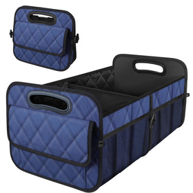 Deosk front view showing dark blue organizer and neat storage benefit