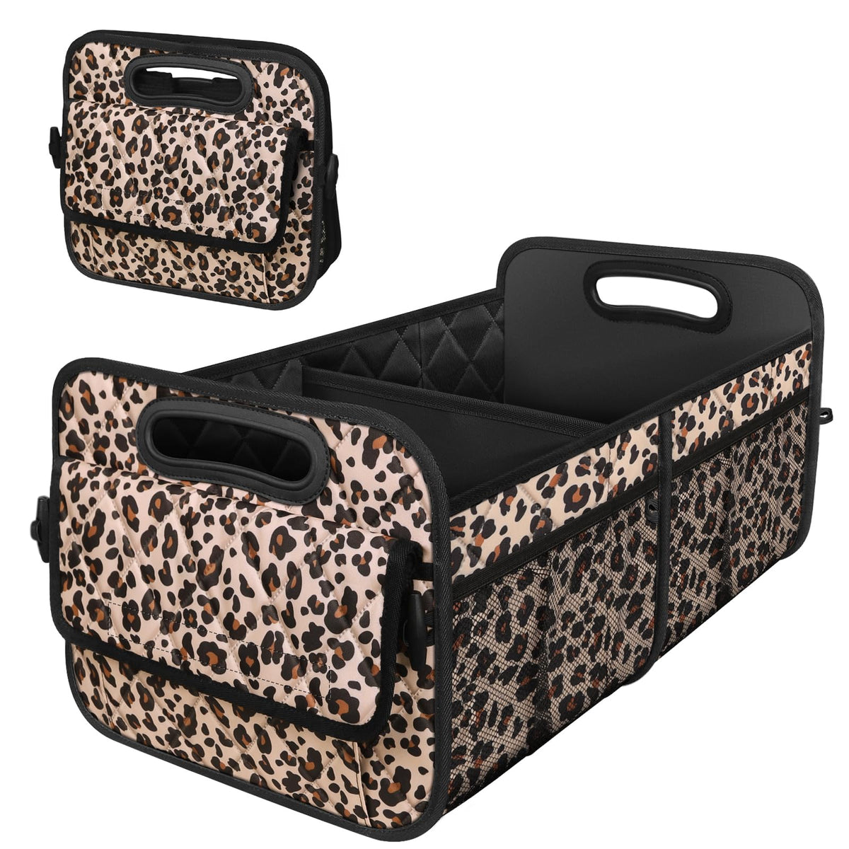 Deosk front view leopard print organizer showing roomy interior and style benefits