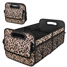 Deosk front view leopard print organizer showing roomy interior and style benefits