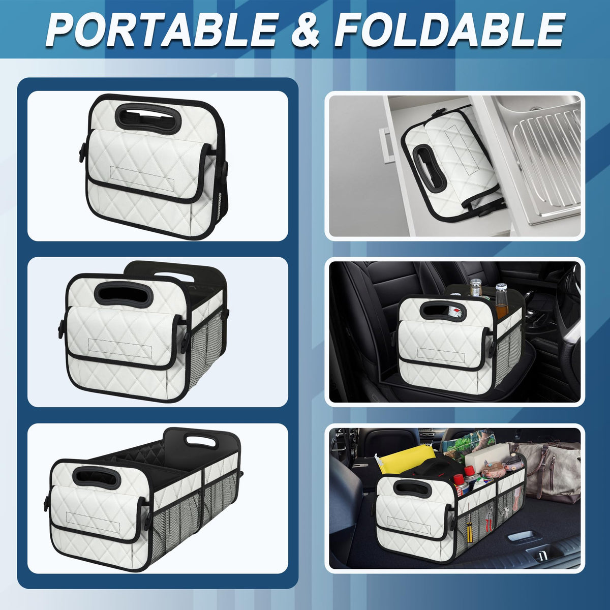 Deosk trunk organizer placed in car trunk showing secure fit and storage