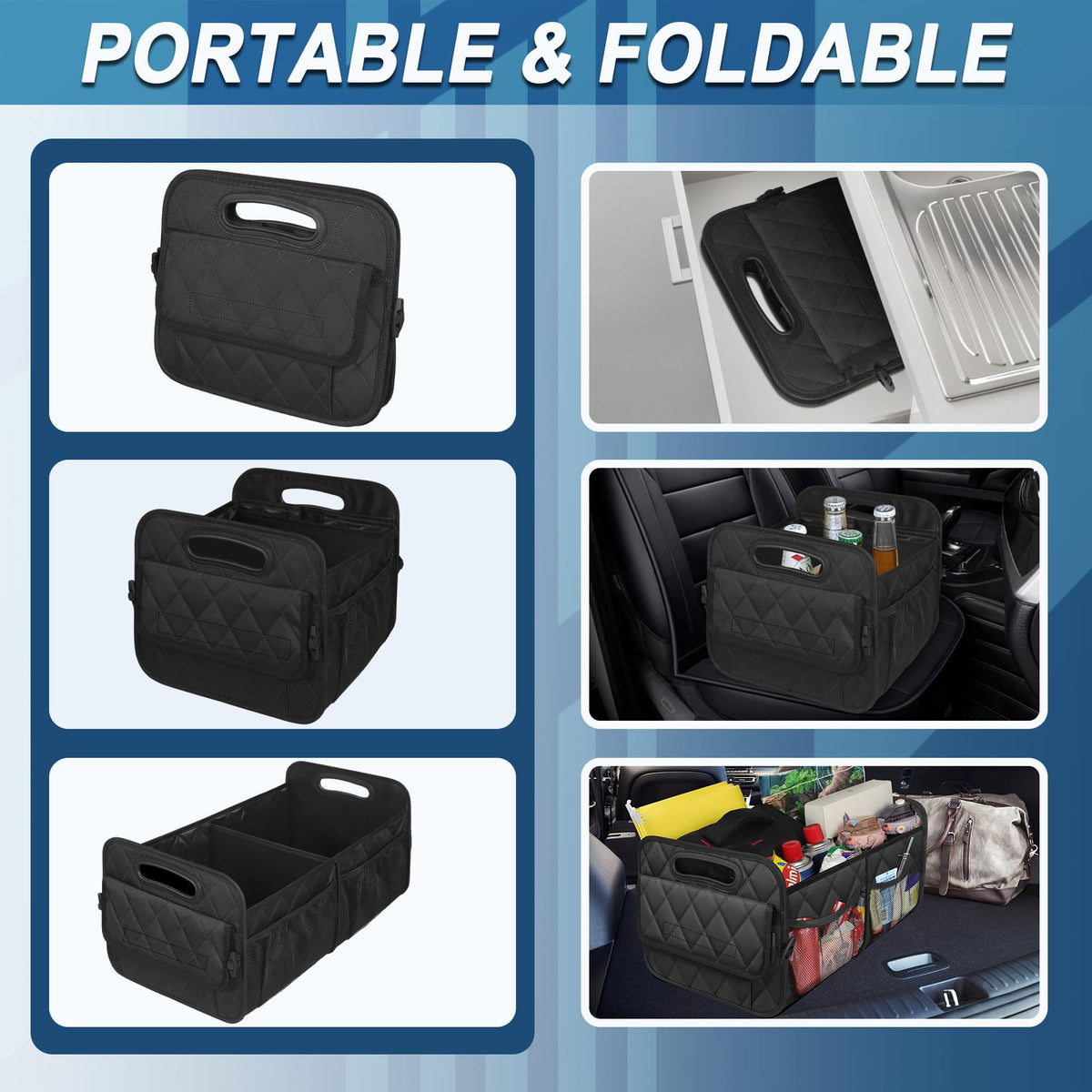Deosk placed in an SUV trunk loaded with groceries showing organized cargo benefit