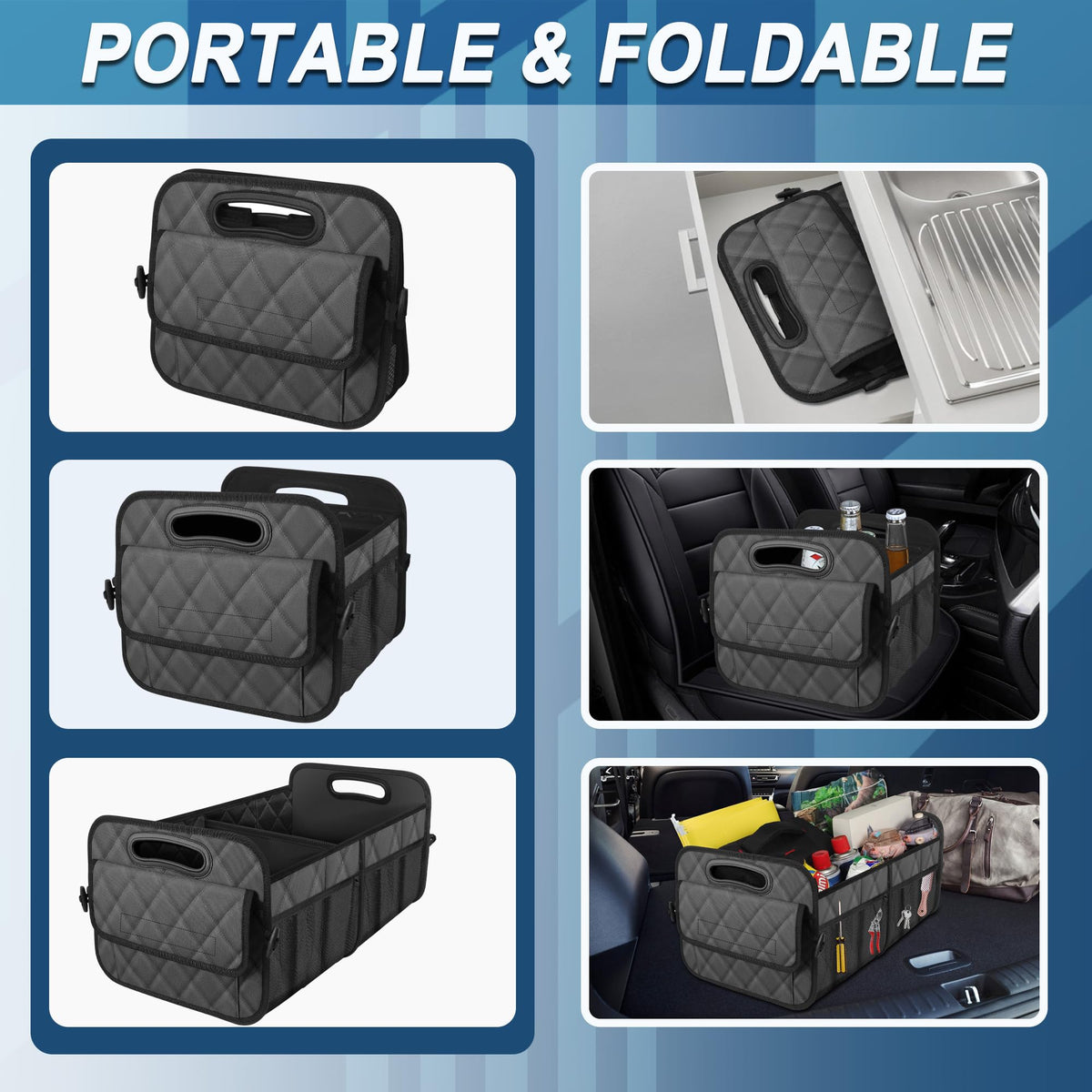 Deosk organizer placed in car trunk demonstrating neat cargo protection