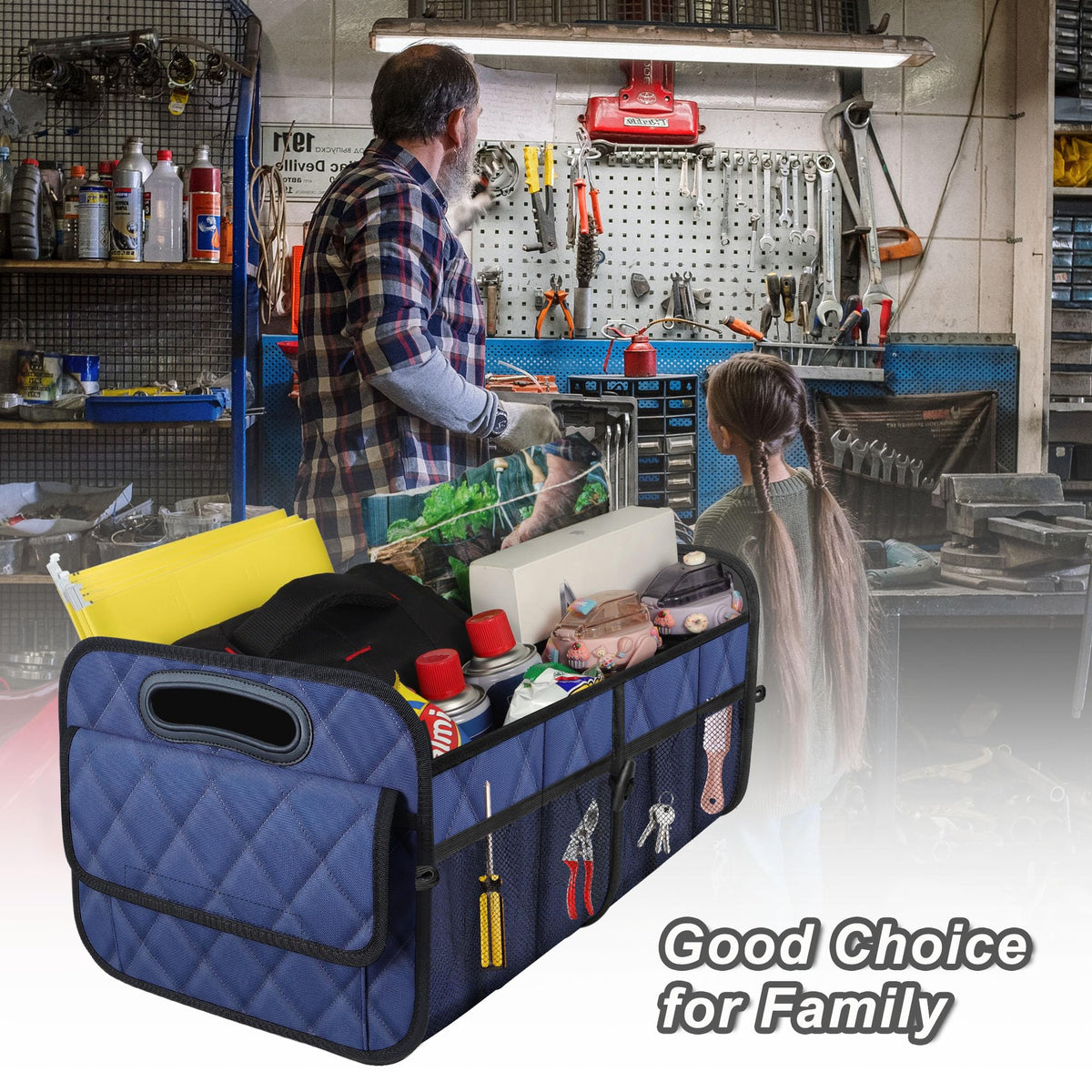 Deosk in car trunk with groceries showing spill protection benefit