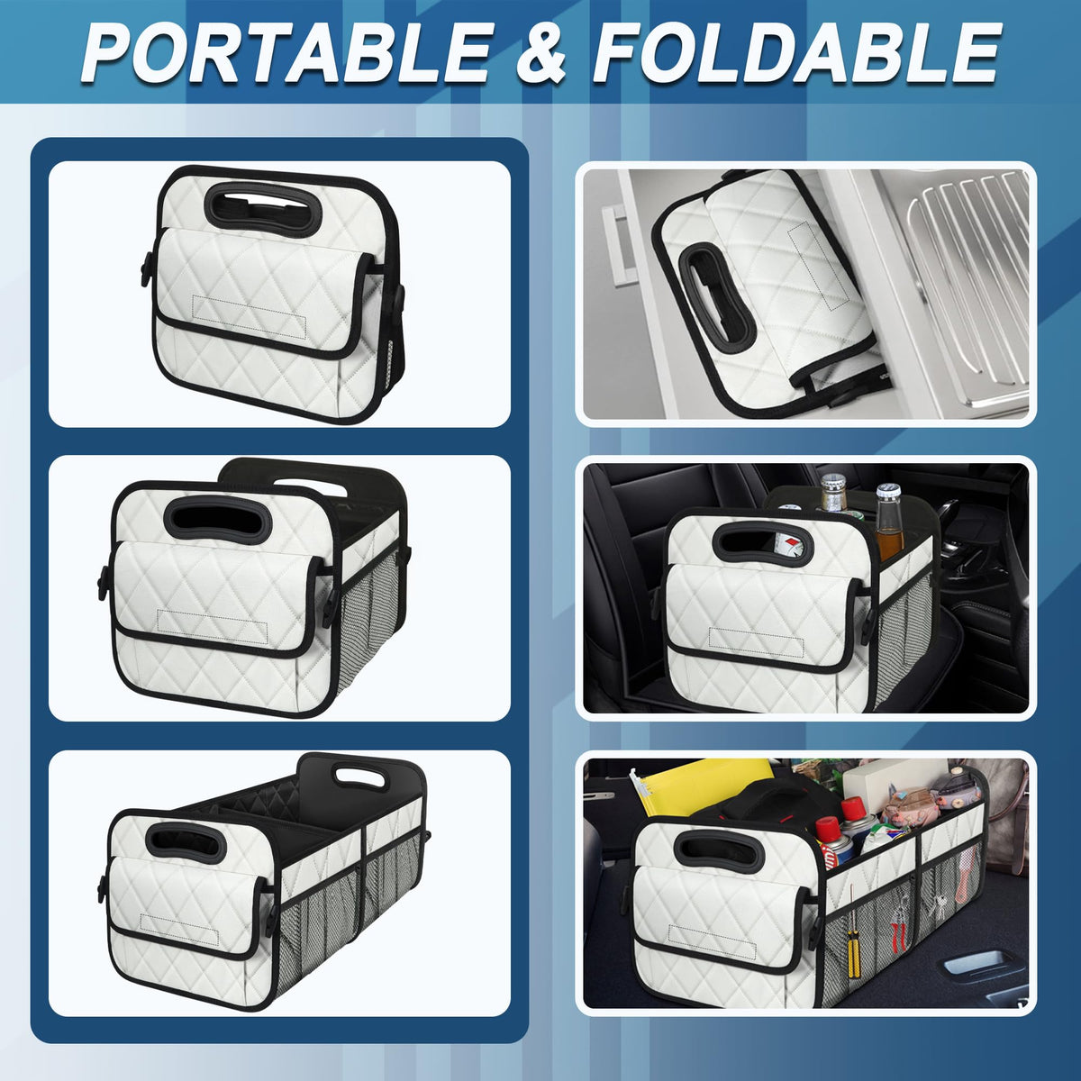 Deosk organizer placed in SUV trunk holding gear for neat storage benefit