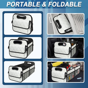 Deosk organizer placed in SUV trunk holding gear for neat storage benefit