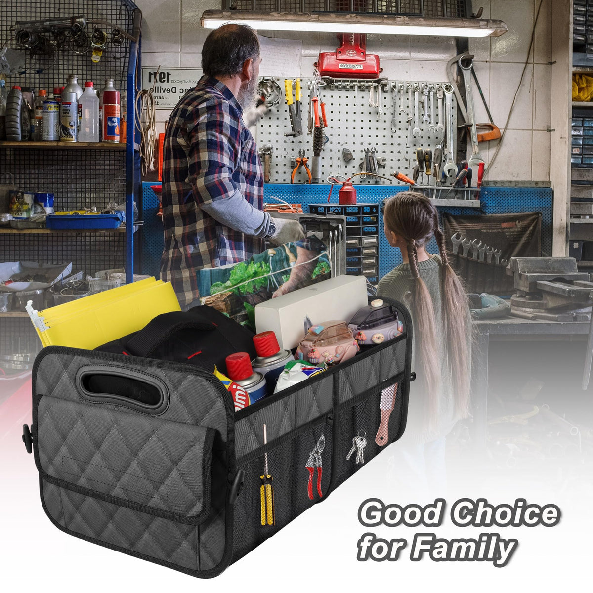 Deosk organizer filled with groceries illustrating stable transport and spill protection