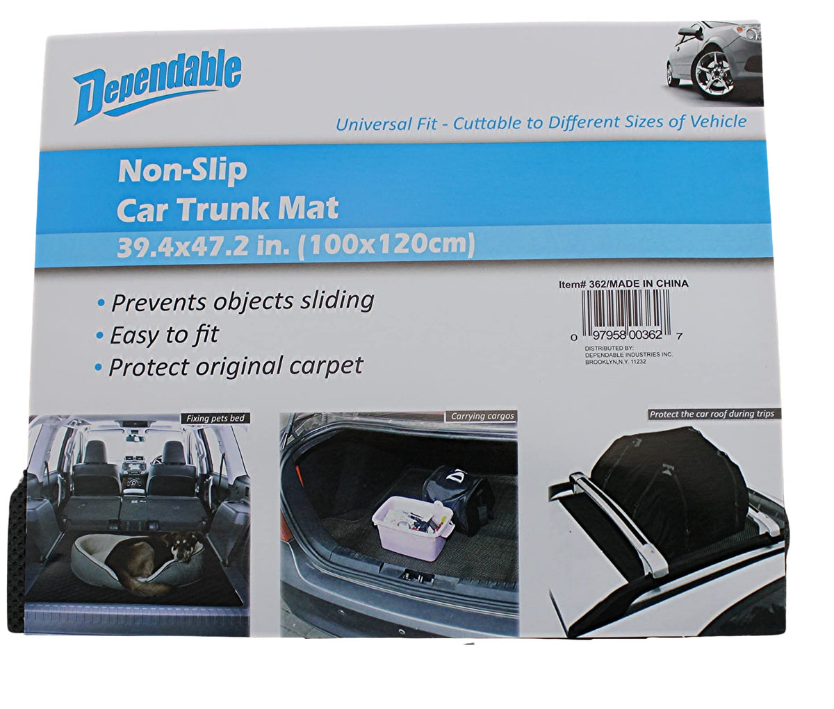Dependable Industries mat installed in a car trunk keeping items stable