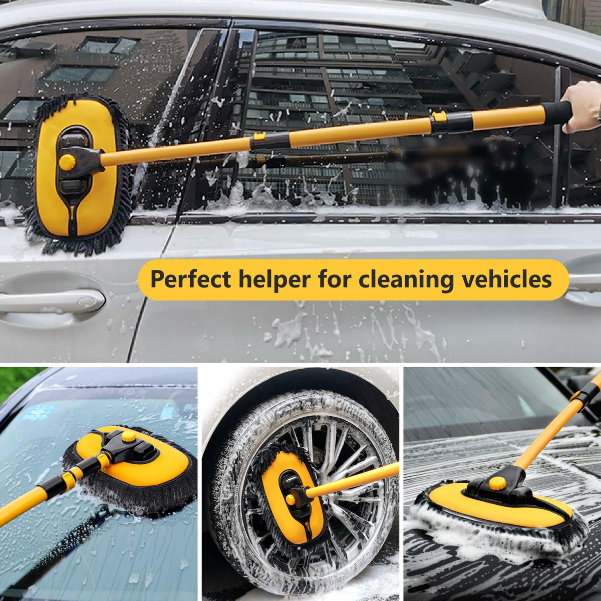 DEPOTA extended telescopic handle in use reaching car roof for easier washing