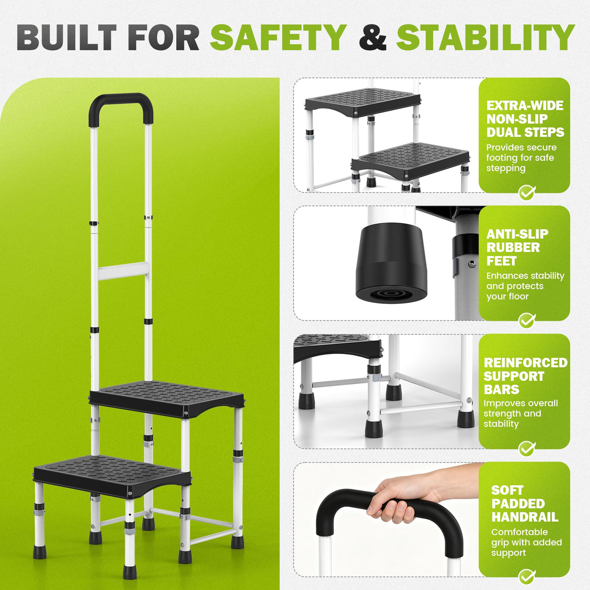 DEPSUNNY handrail height adjustment detail illustrating three secure positions