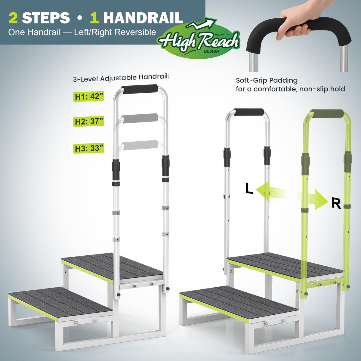 DEPSUNNY handrail adjusted to a higher setting demonstrating stable grip support