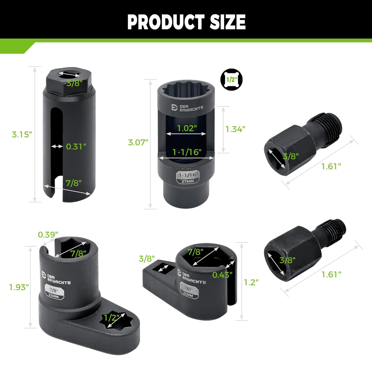 Der Erwachte sockets lined up showing 22mm and 27mm sizes for versatile oxygen sensor work