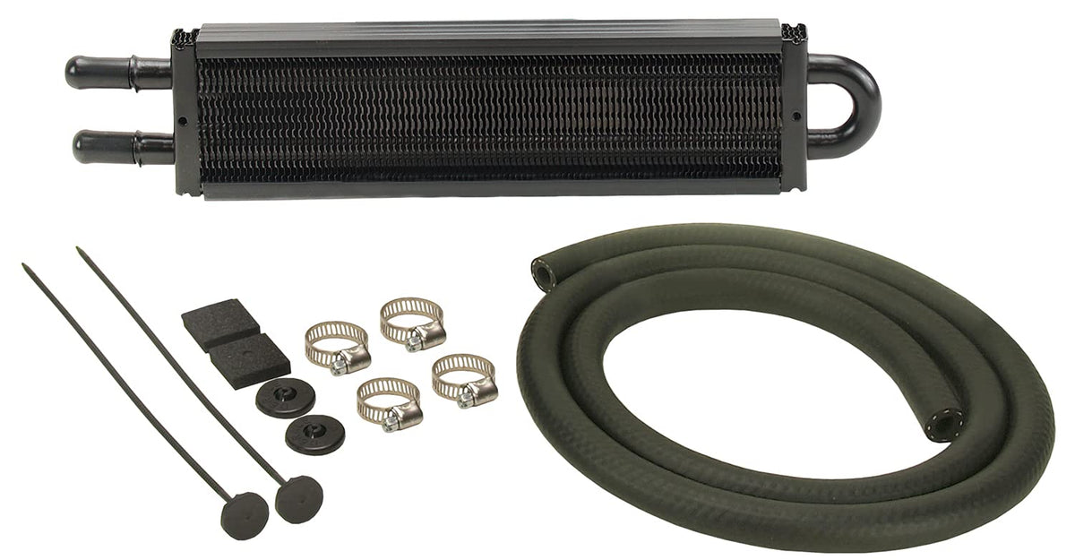 Derale 13200 front view showing cooler and mounting bracket benefit heat dissipation