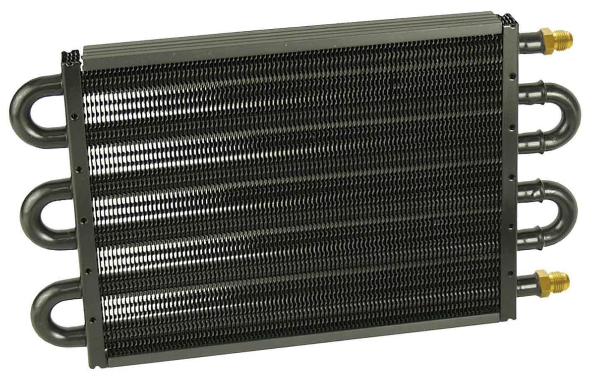 Derale front view of fluid cooler showing fittings and compact core for efficient cooling
