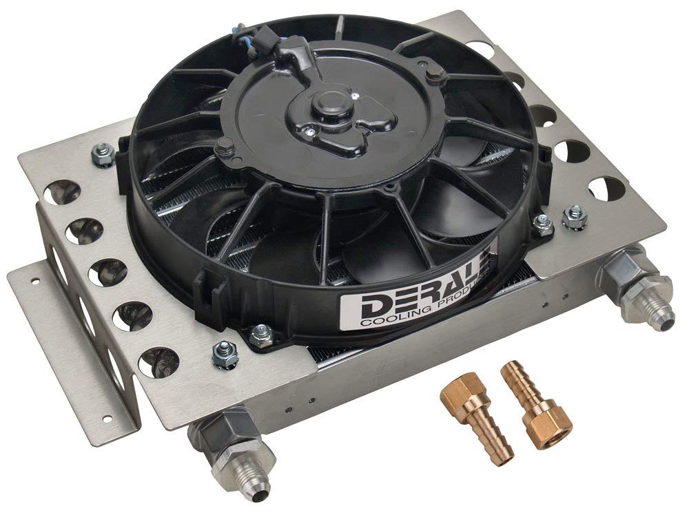 Derale front view of cooler and fan showing compact core and mounting points for efficient cooling
