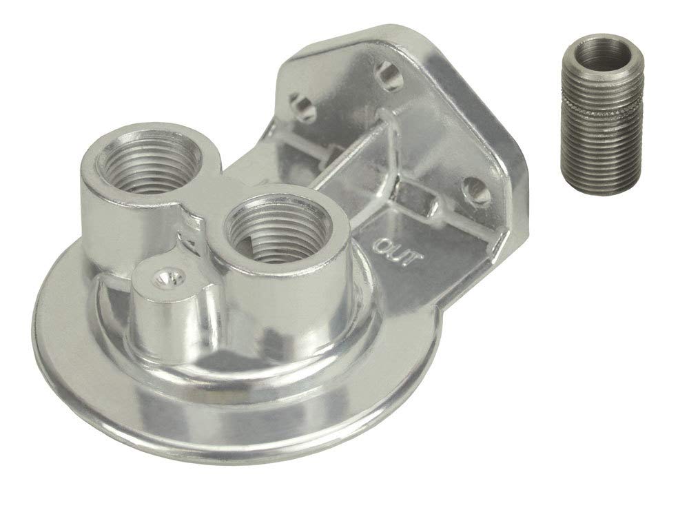 Derale oil filter mount front view showing ports and polished finish for easier servicing