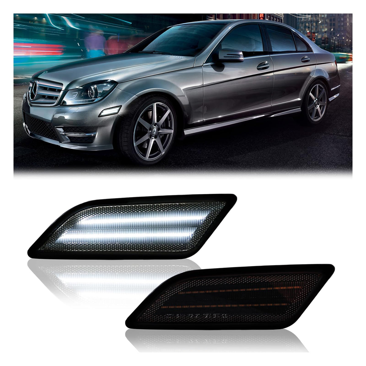 DERMOKA front package showing pair of smoked side markers and fast installation benefit
