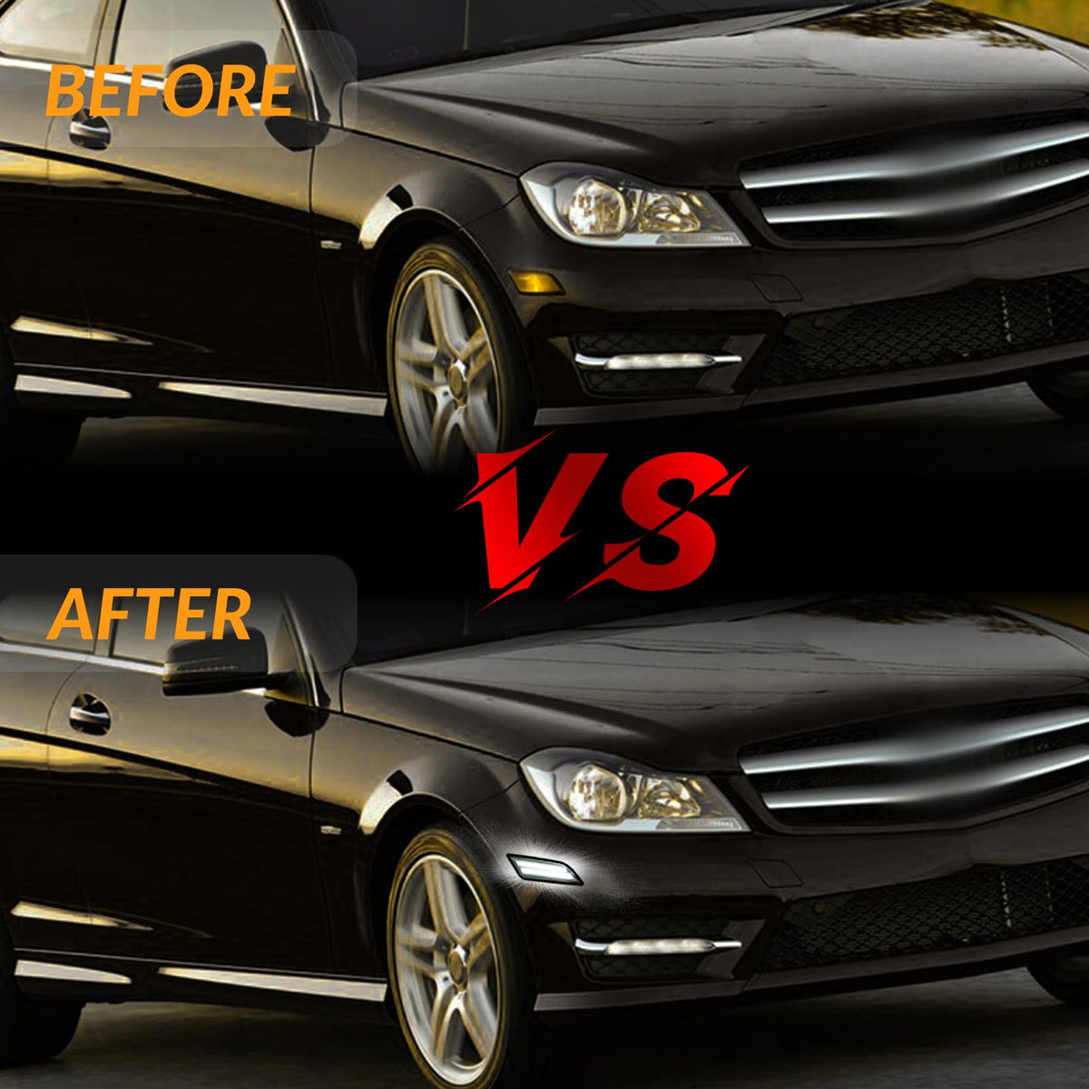 DERMOKA side marker installed on W204 front fender showing direct-fit convenience benefit