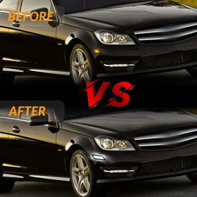 DERMOKA side marker installed on W204 front fender showing direct-fit convenience benefit