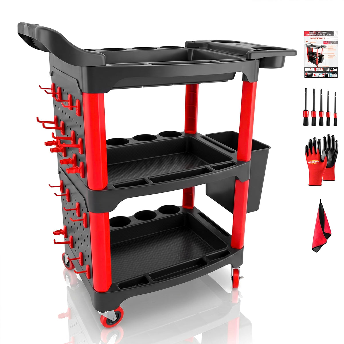 DESEQPT front view of 3-tier cart showing organized supplies for faster access