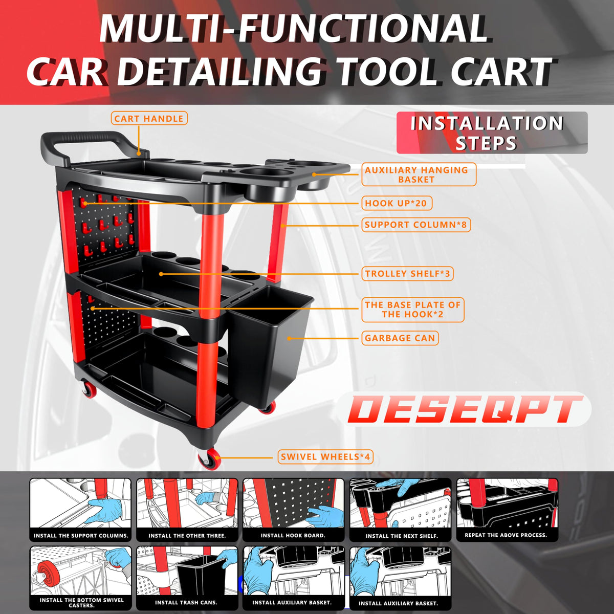DESEQPT cart in garage with detailing gear illustrating practical workshop use