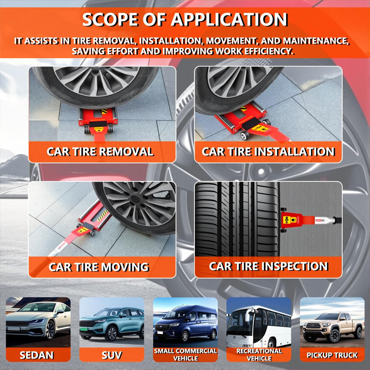 DESEQPT tool in use rolling a spare tire up to wheel studs for faster alignment