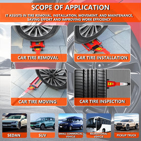 DESEQPT tool in use rolling a spare tire up to wheel studs for faster alignment