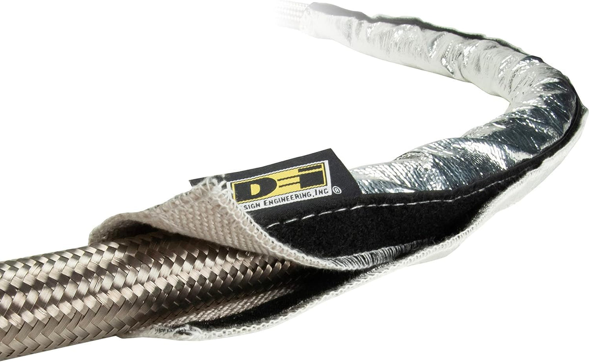 Design Engineering Heat Shroud close-up of aluminized outer face and fiberglass core, reflects heat
