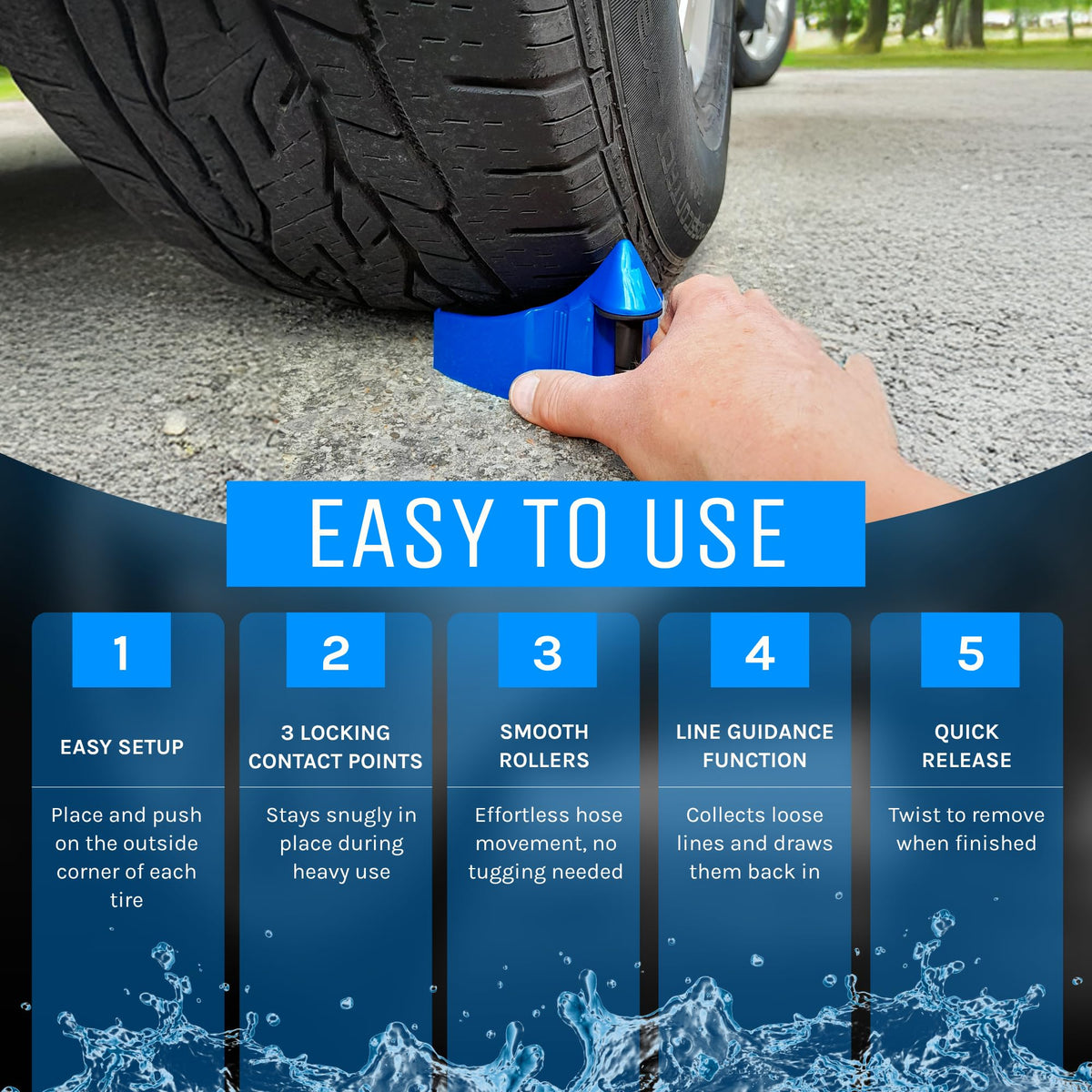 DETAIL GUARDZ in use under a car tire showing guided hose movement and safety
