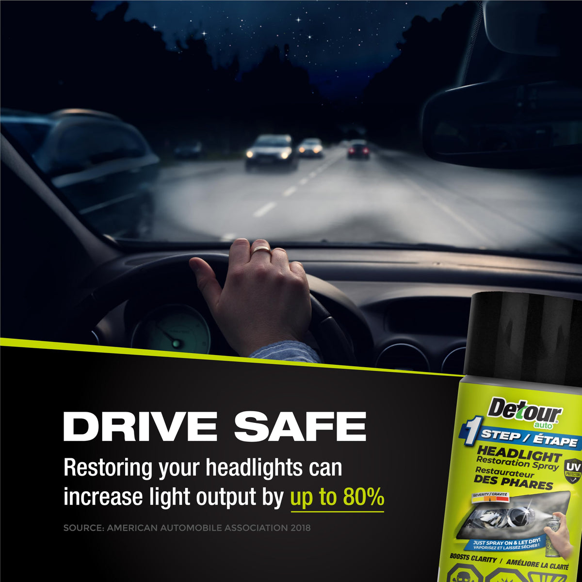 Detour Auto used on car headlights during night drive improving visibility
