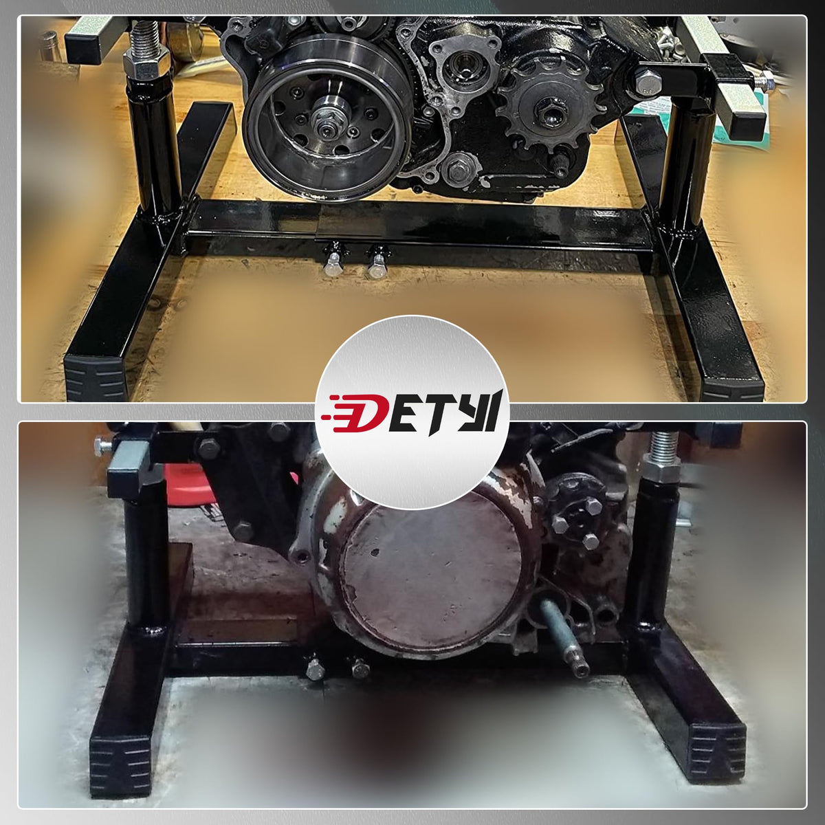 DETYI product label and hardware kit showing included parts for quick assembly
