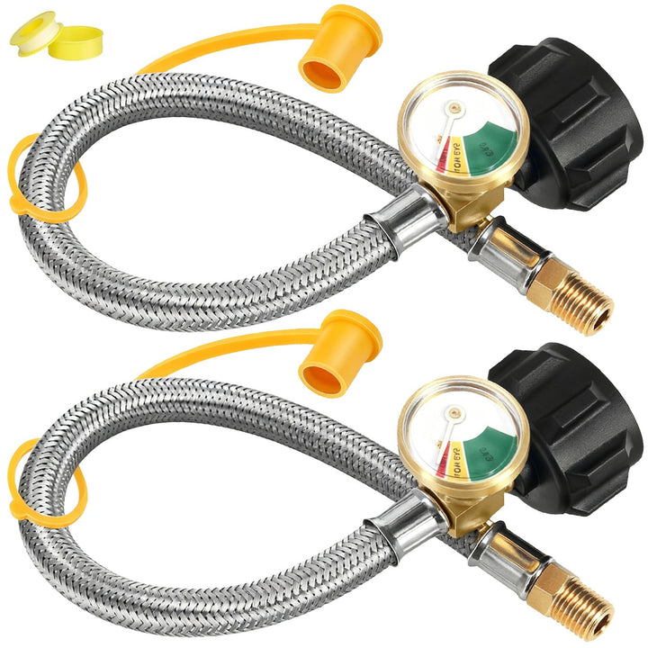 Deuovht front packaging showing two 20-inch propane hoses and accessories for quick setup
