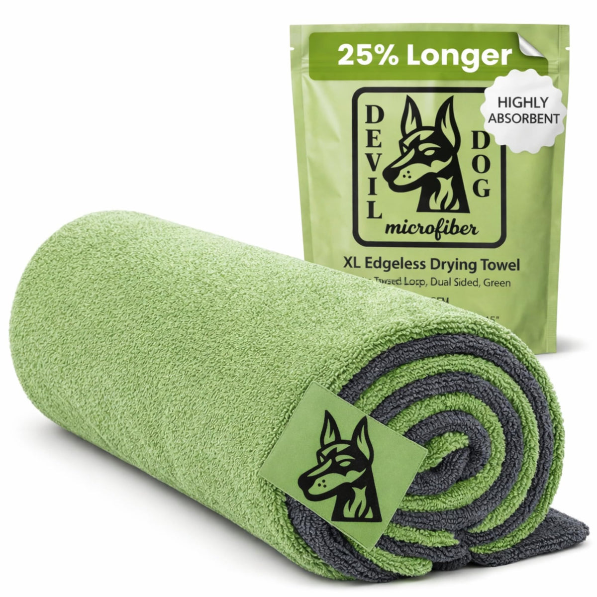 Devil Dog Microfiber front folded showing plush fabric and quick-dry benefit
