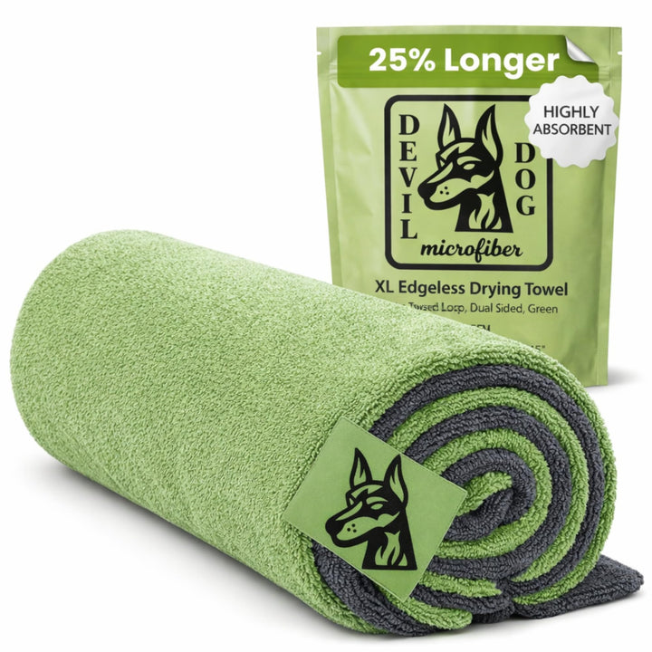 Devil Dog Microfiber front folded showing plush fabric and quick-dry benefit