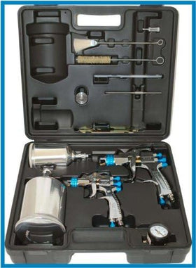 DeVilbiss molded carrying case with regulator and cleaning tools showing organized transport