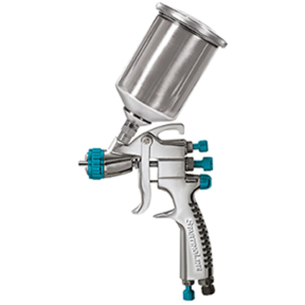 DeVilbiss StartingLine front view showing compact gun and gravity cup for accurate touch-ups
